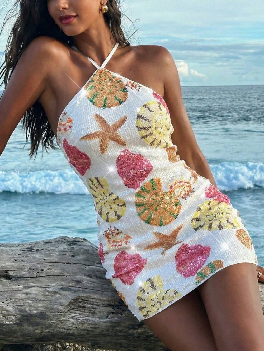 Apricot Boho Women's Beaded Halter Mini Dress